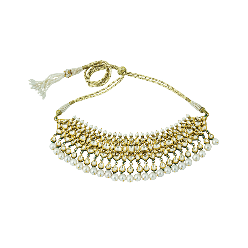 Gold Polki Choker with Pearls and Cascading Drops